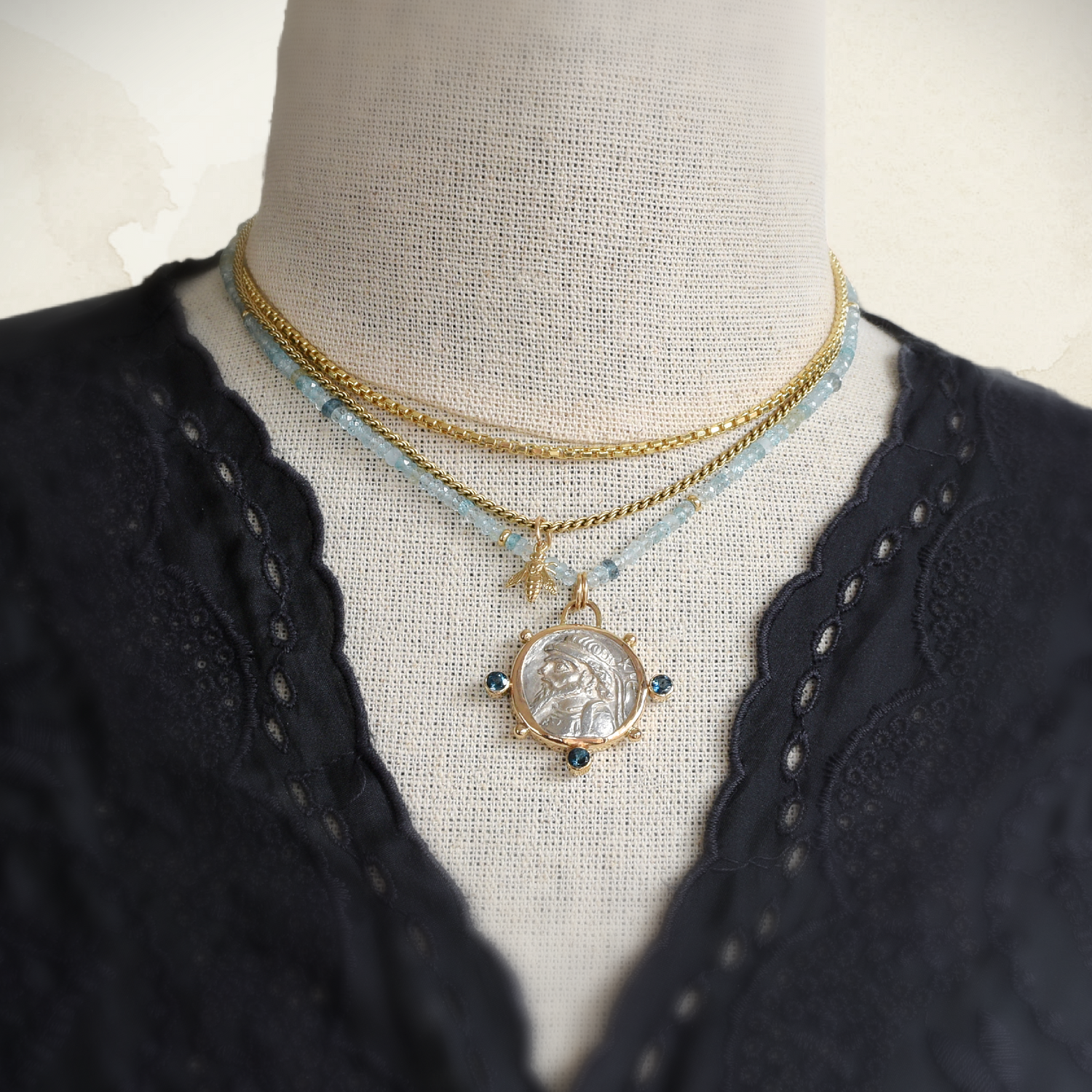 Aquamarine Beaded Necklace with Coin Pendant