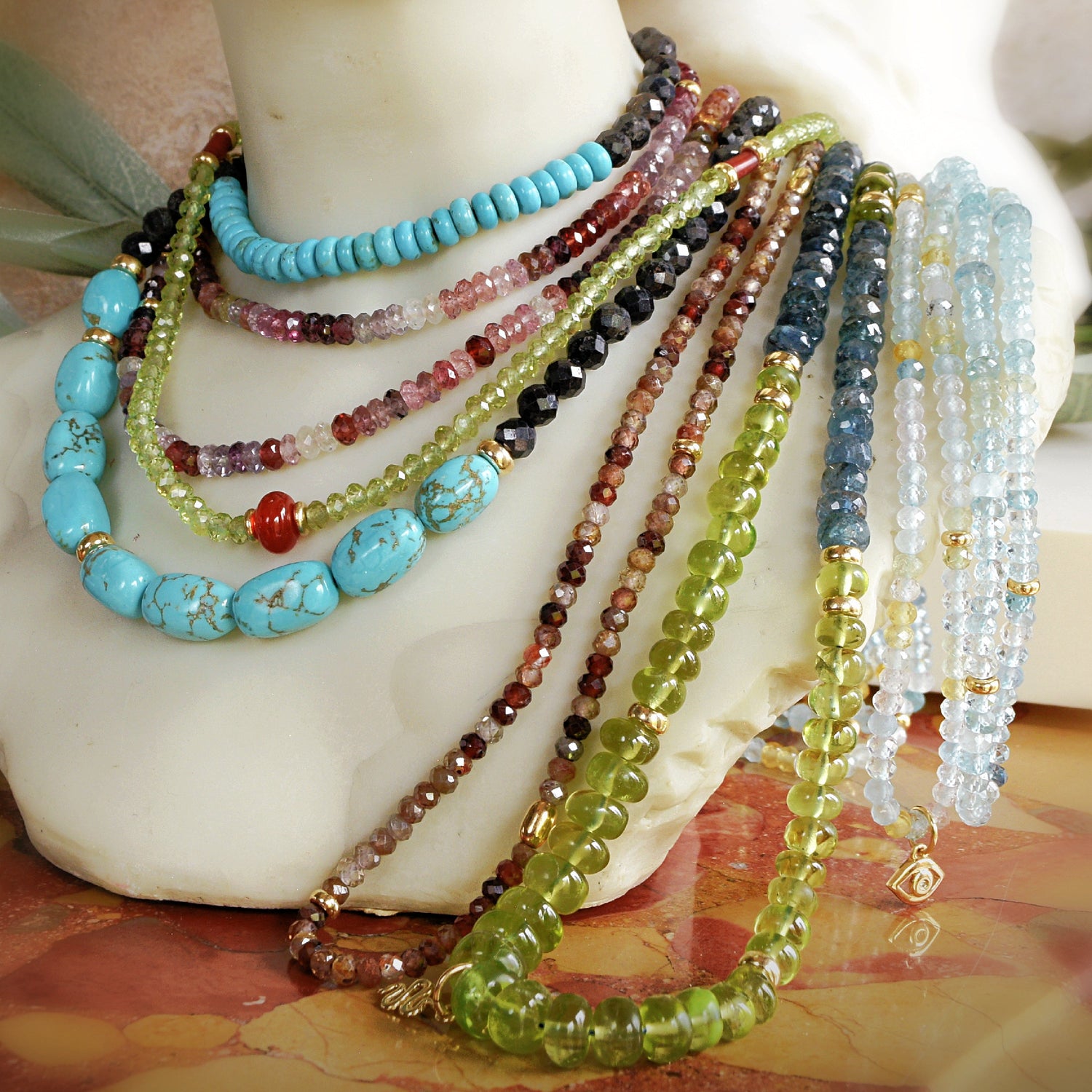 Aquamarine Beaded Necklace with Coin Pendant