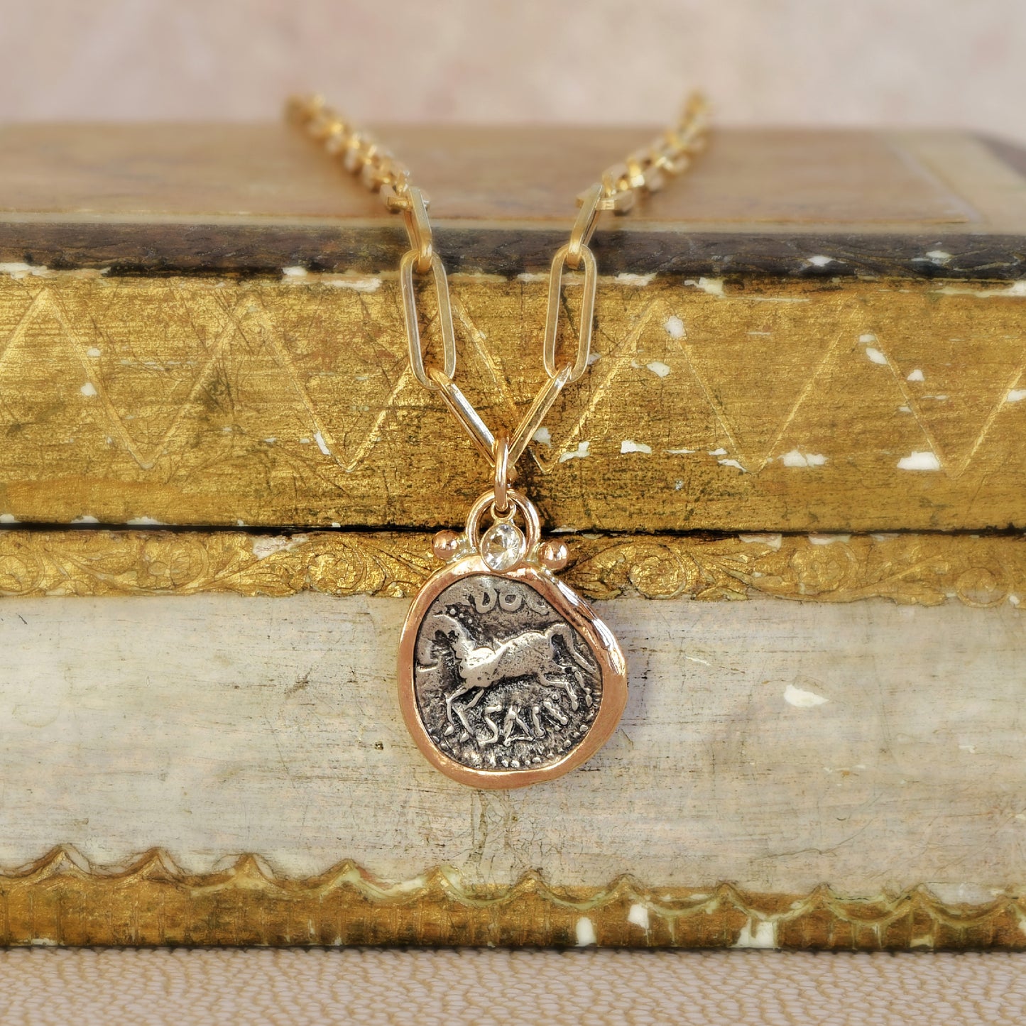 Celtic Ancient Coin and White Sapphire - 14k Gold