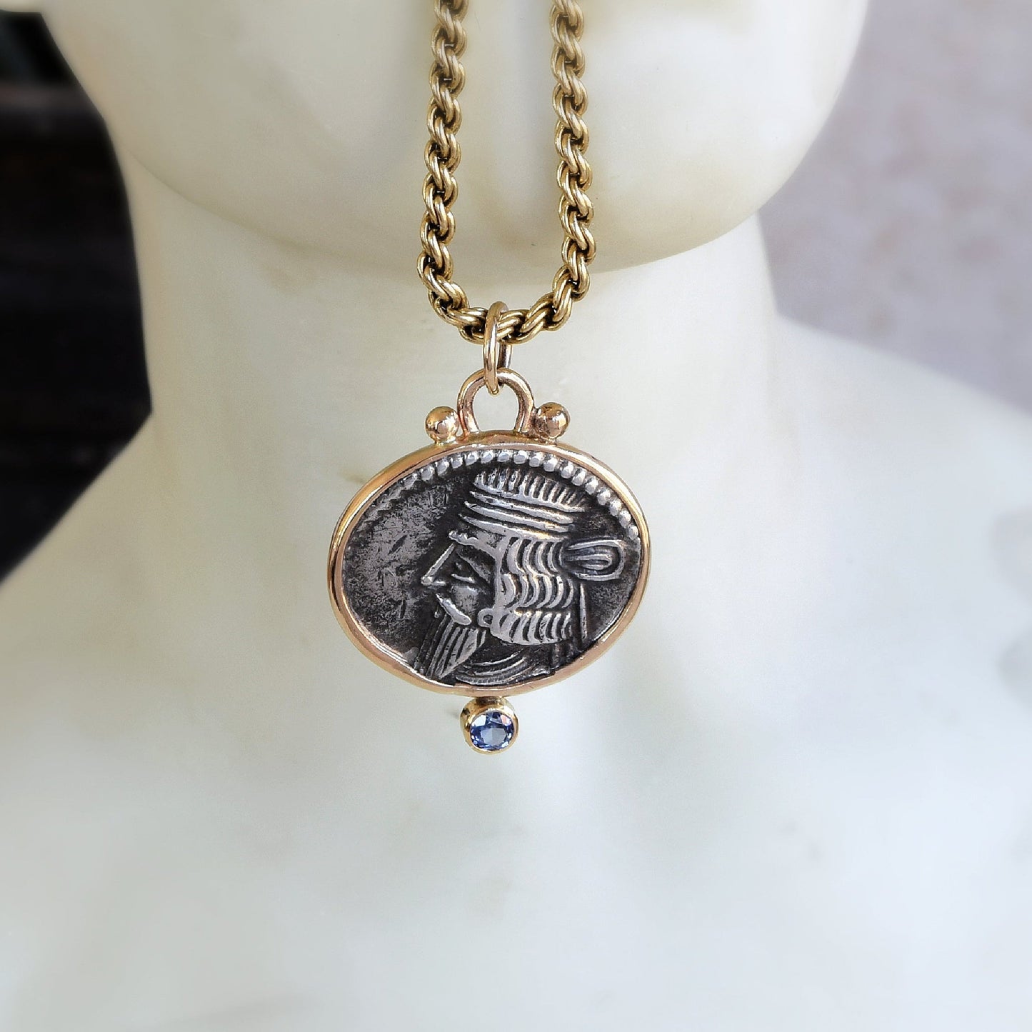 Ancient Parthian Coin with Blue Sapphire Pendant