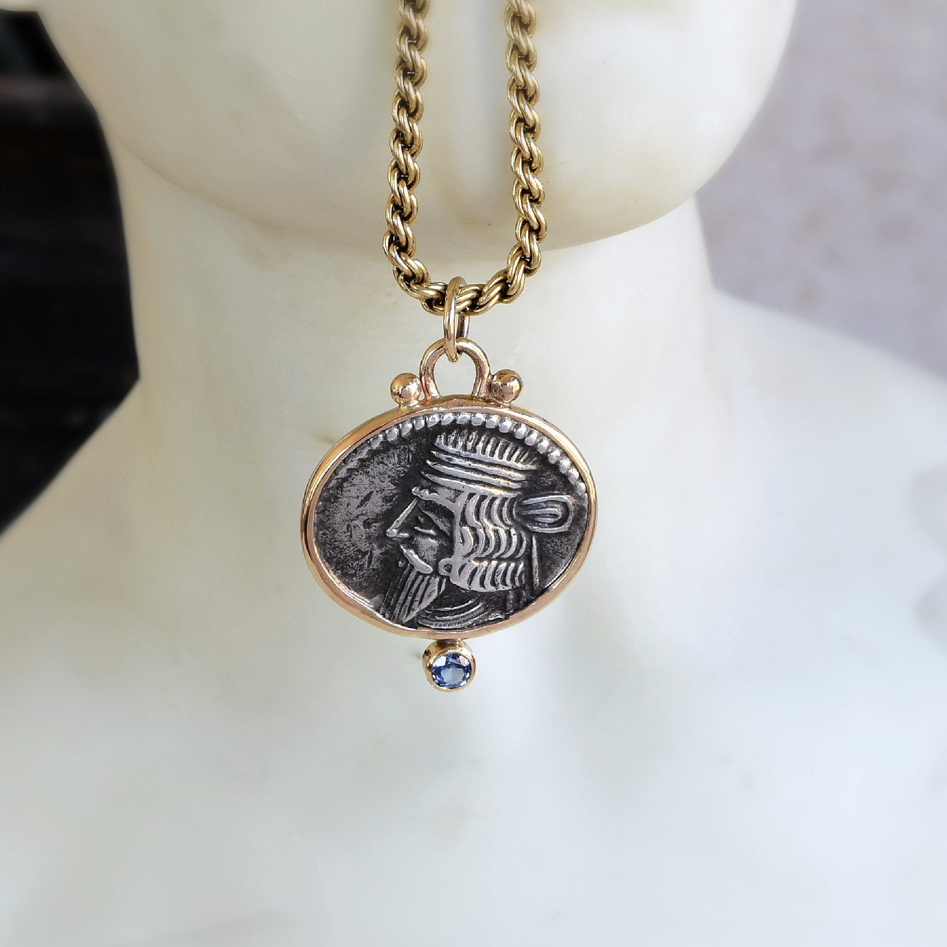 Ancient Parthian Coin with Blue Sapphire Pendant