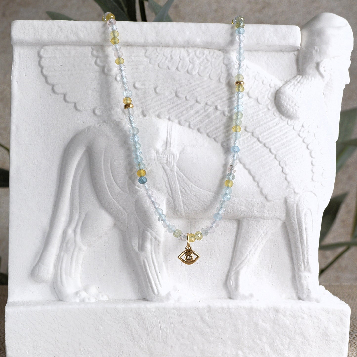 The Eye of Horus - Aquamarine and Diamond Charm Necklace - 14k Gold