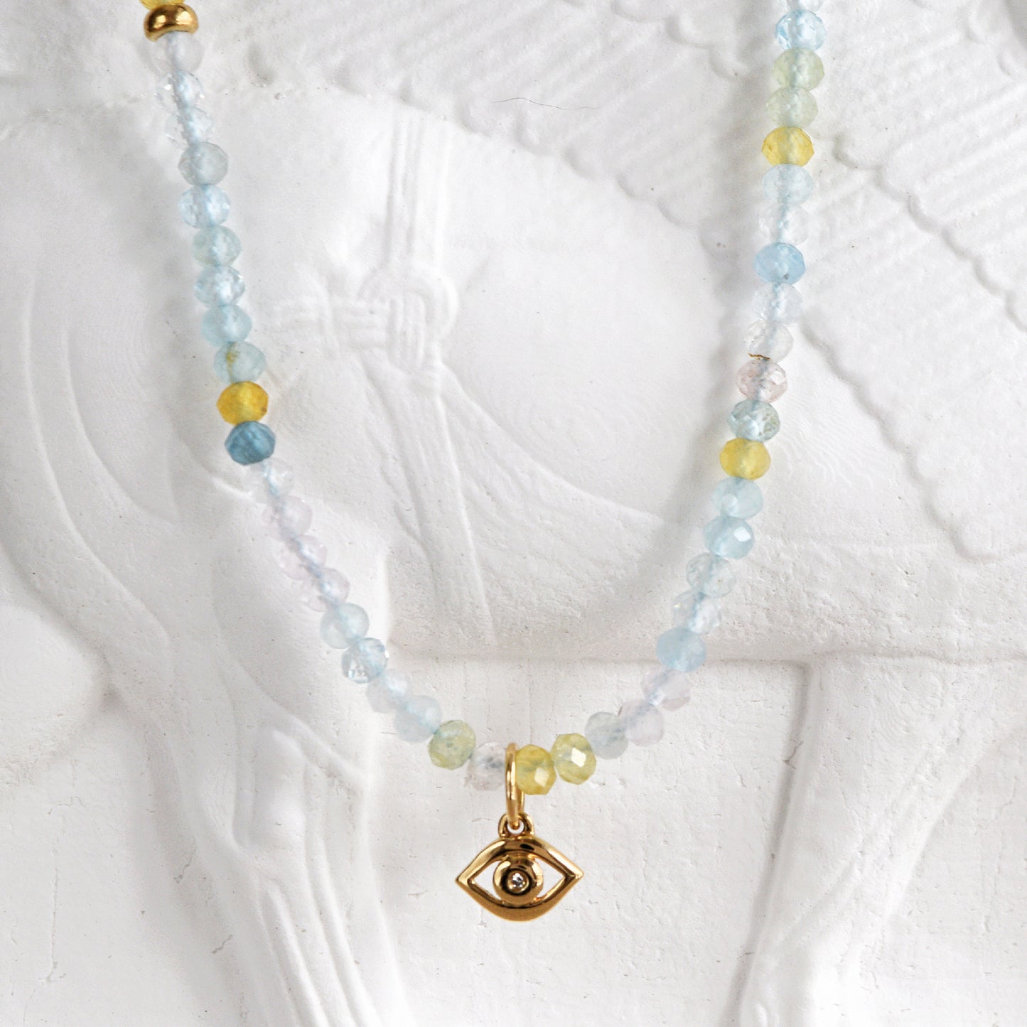The Eye of Horus - Aquamarine and Diamond Charm Necklace - 14k Gold