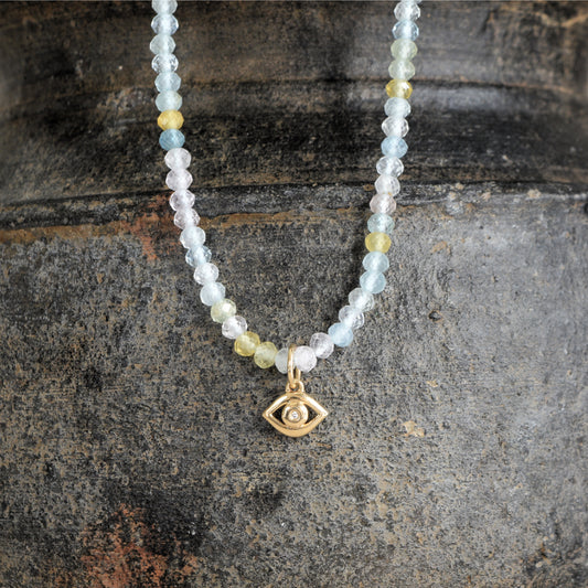 The Eye of Horus - Aquamarine and Diamond Charm Necklace - 14k Gold