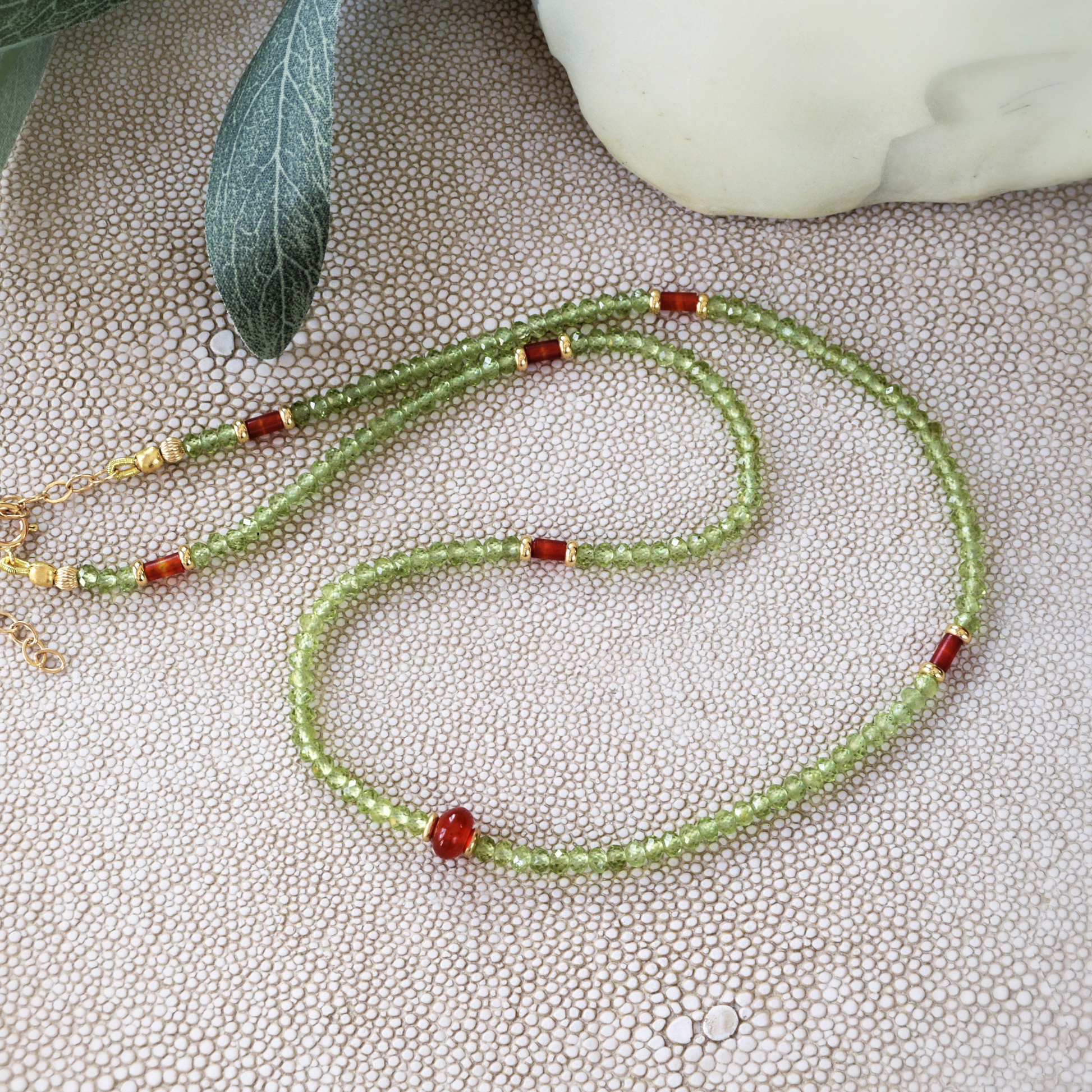 Beaded necklace with Peridot green and Carnelian gemstones and 14k gold