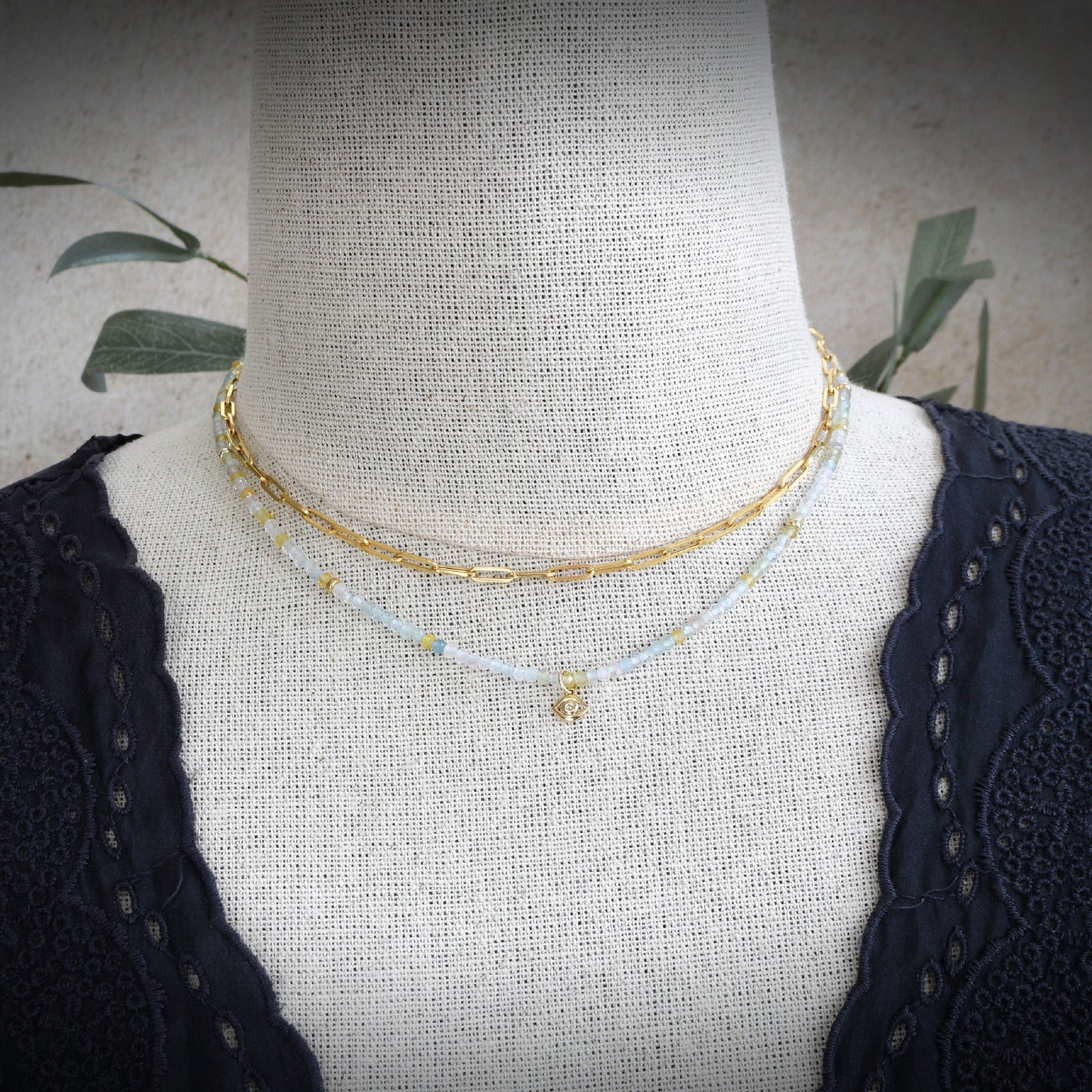 The Eye of Horus - Aquamarine and Diamond Charm Necklace - 14k Gold