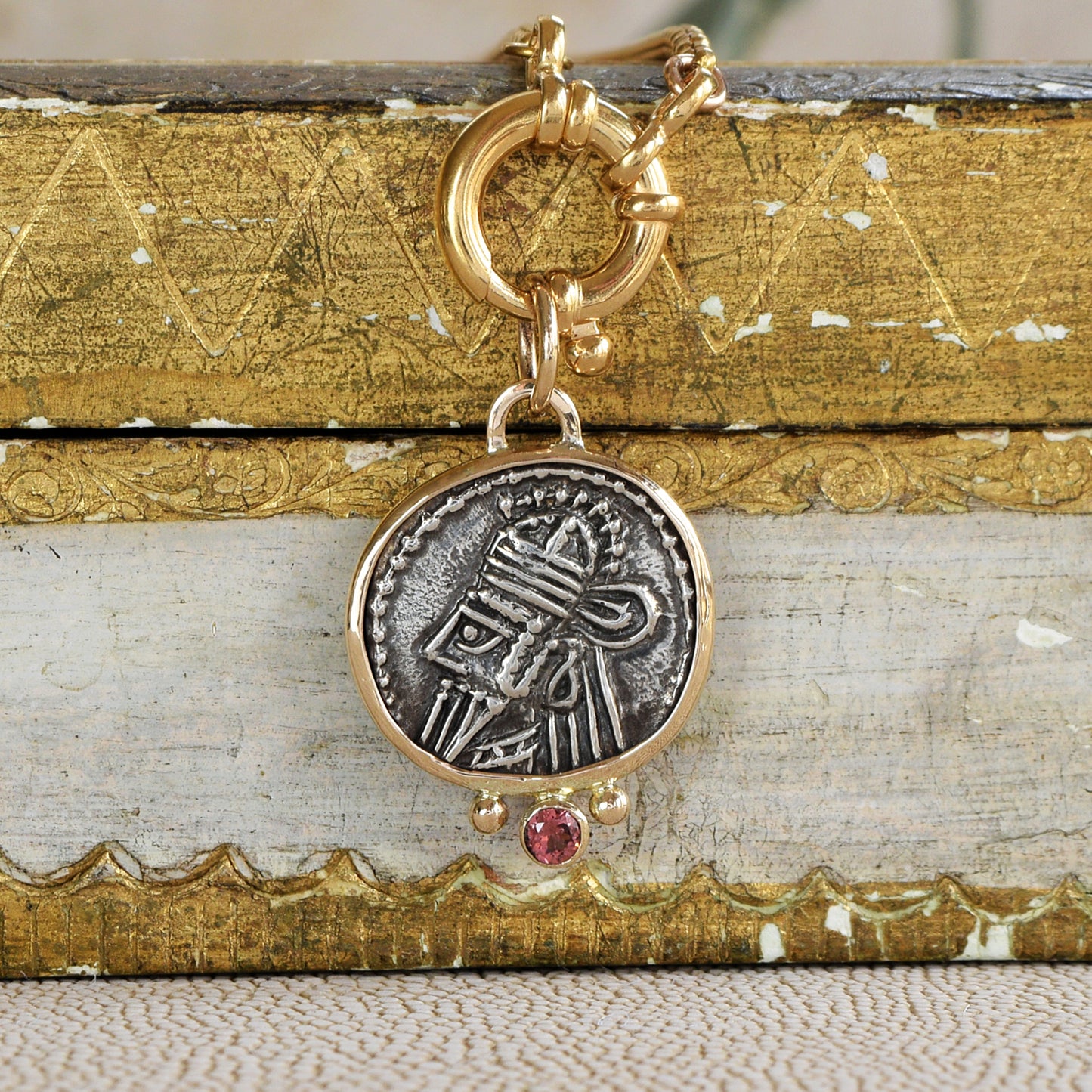 Roman coin with rose garnet and gold pendant