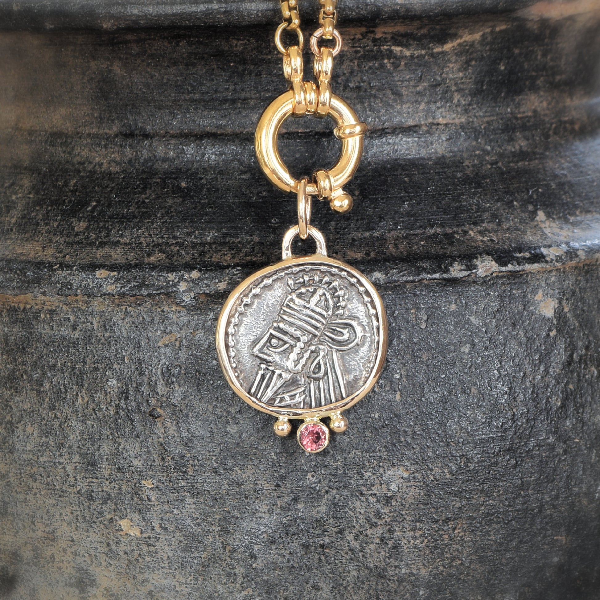 ancien coin pendant with rose garnet and gold