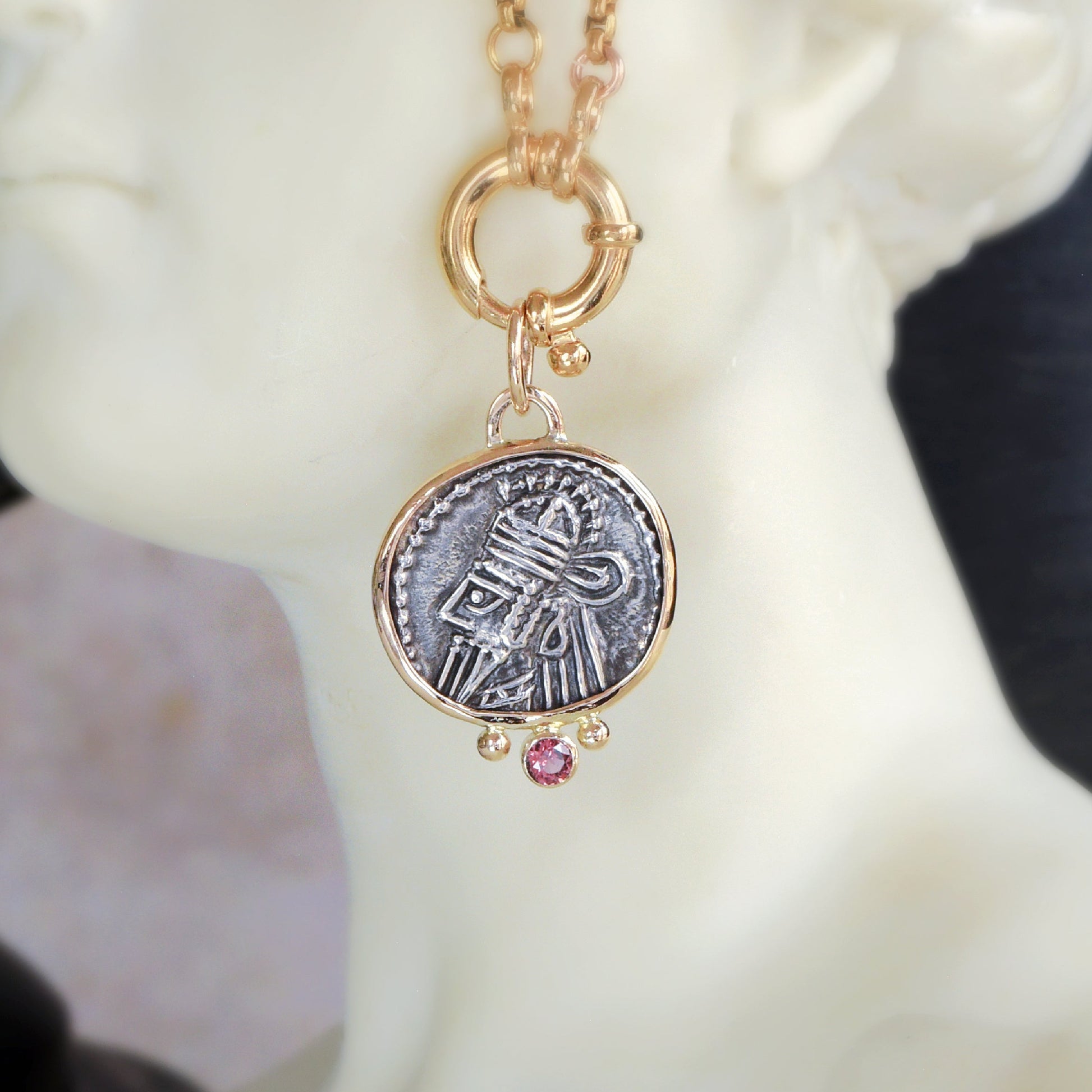 Ancient Parthian coin pendant with pink garnet and gold