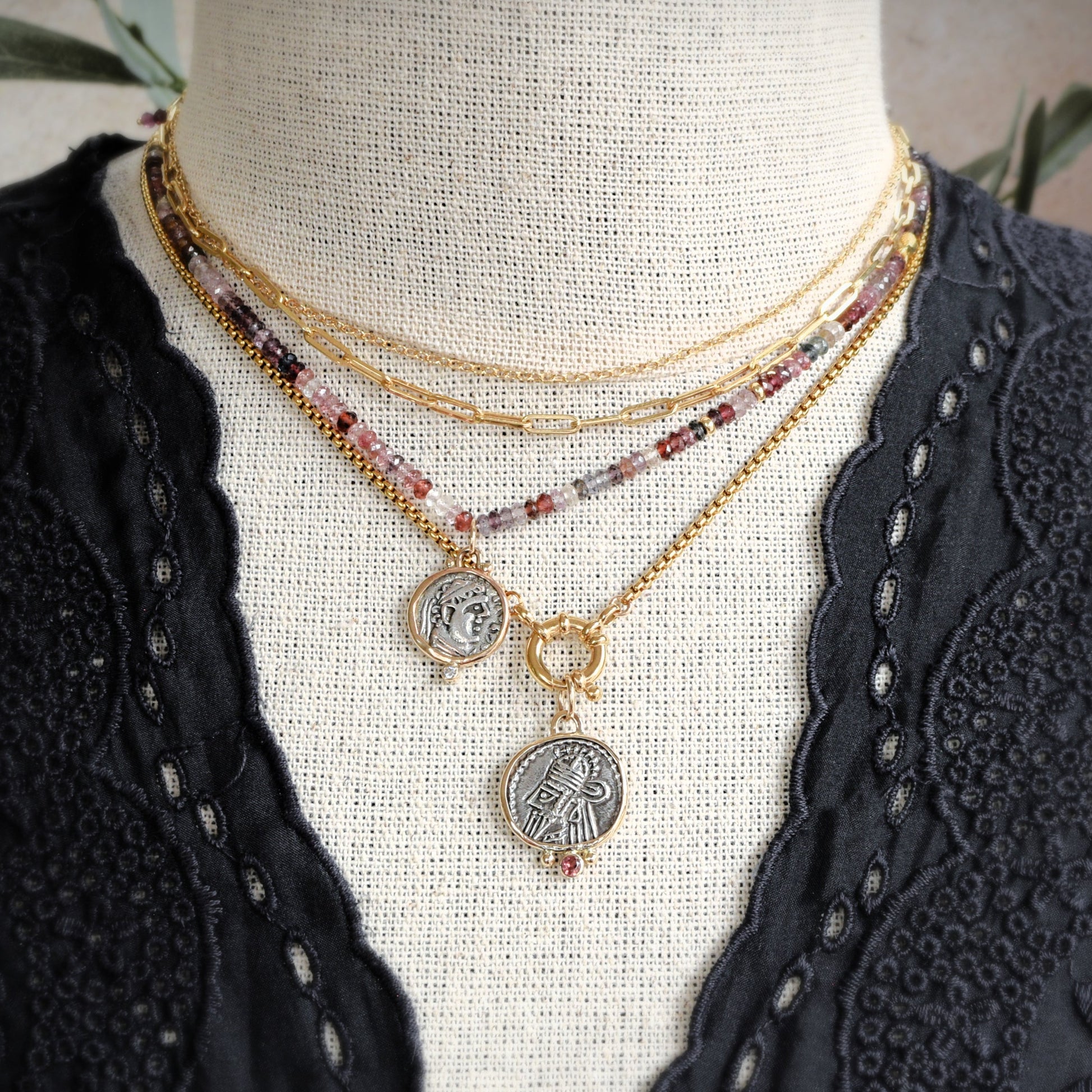 Ancient coin necklacs with diamonds and garnet gemstones, 14k gold