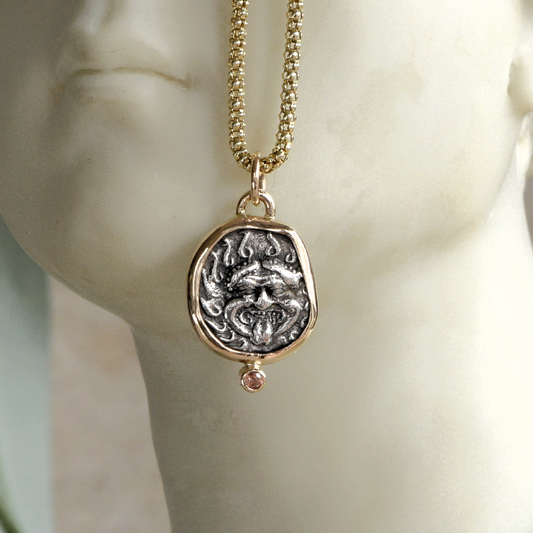 Gorgon Madusa coin pendant with Pink Sapphire and Gold