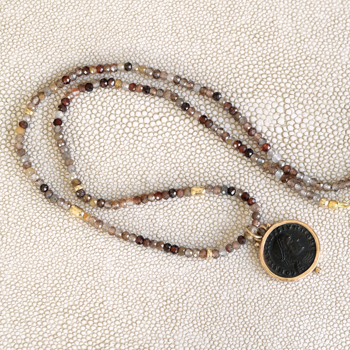 champagn zircon crystal necklace with ancient coin and gold beads