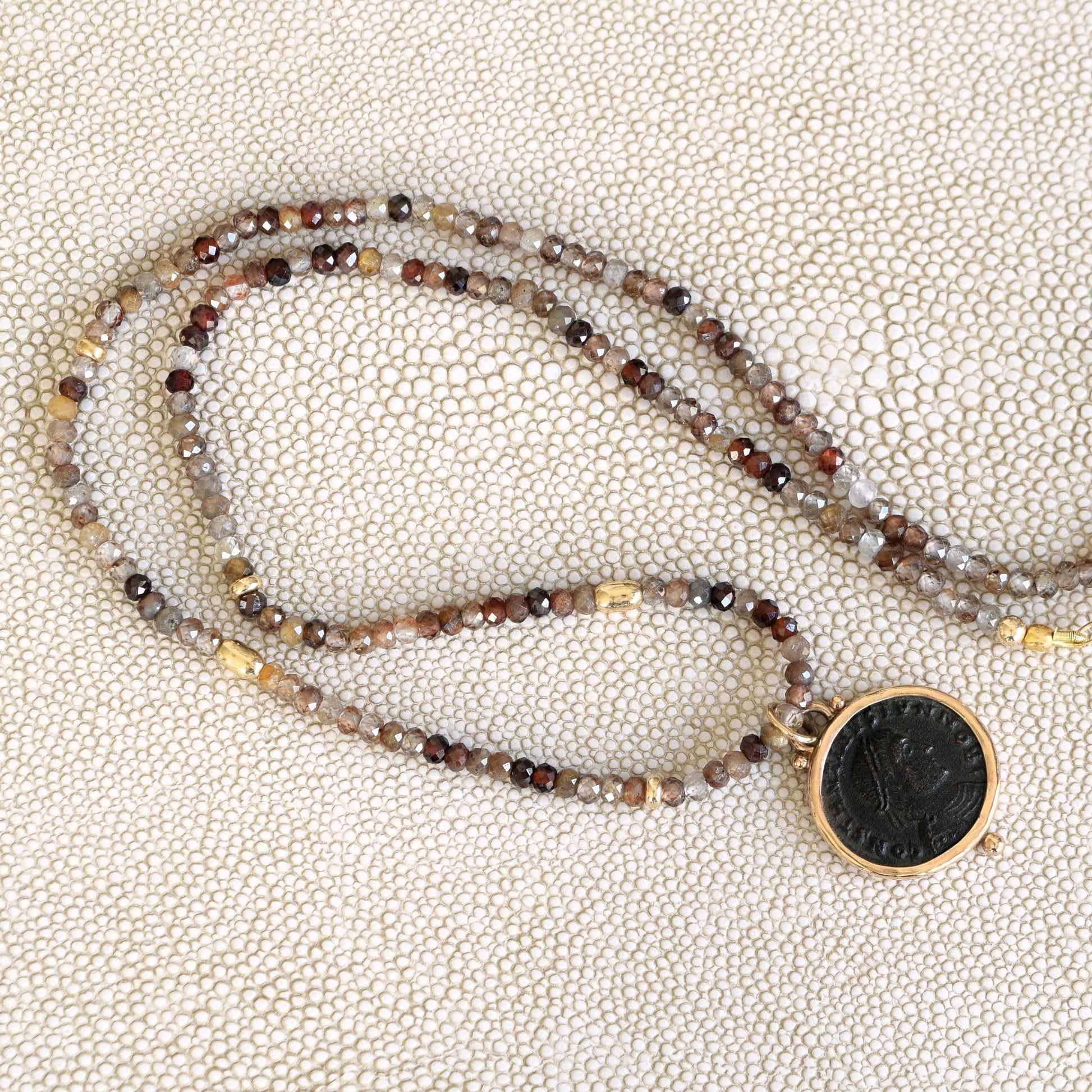 champagn zircon crystal necklace with ancient coin and gold beads