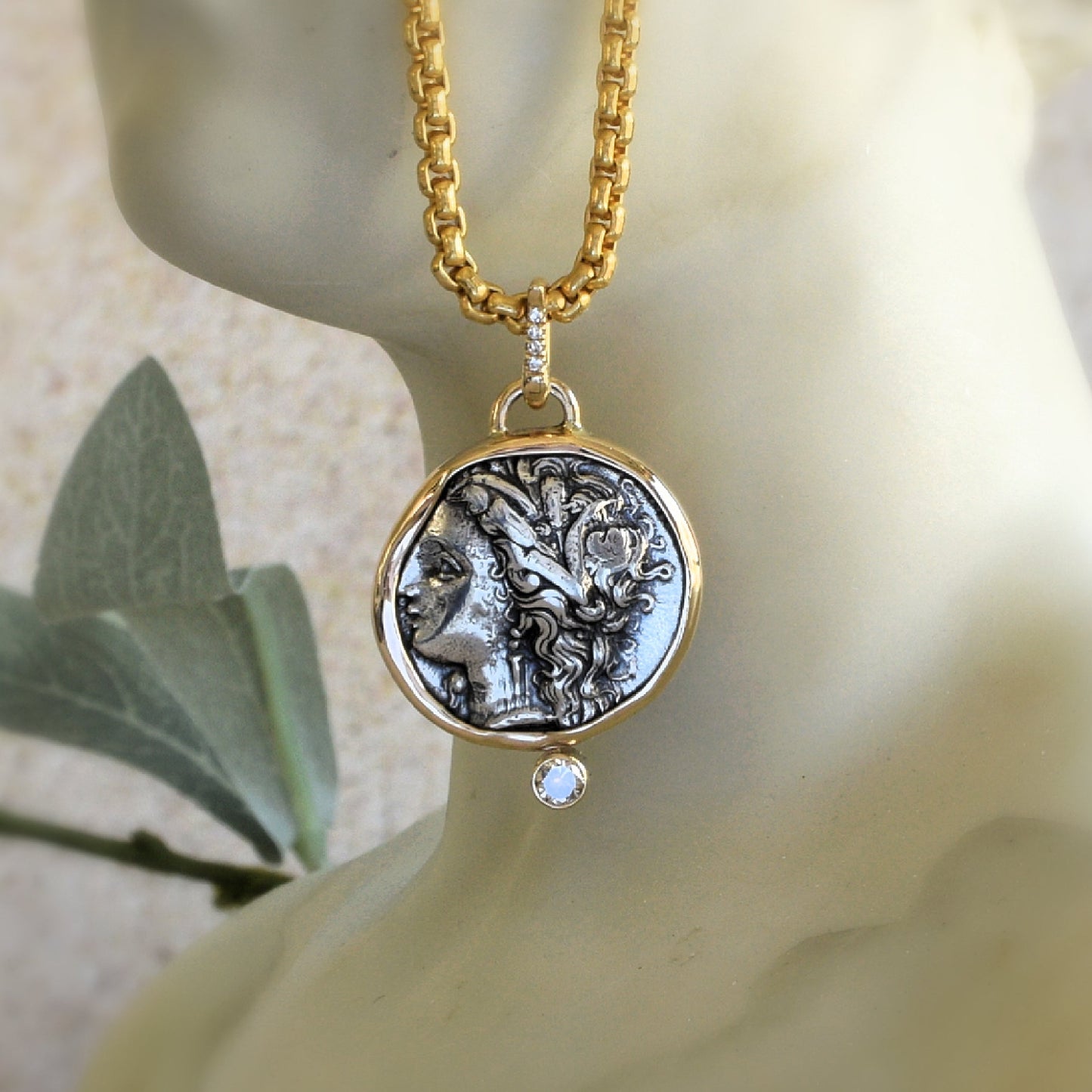Ancient Coin Pendant with Beautiful woman, flowing hair, champagne diamond