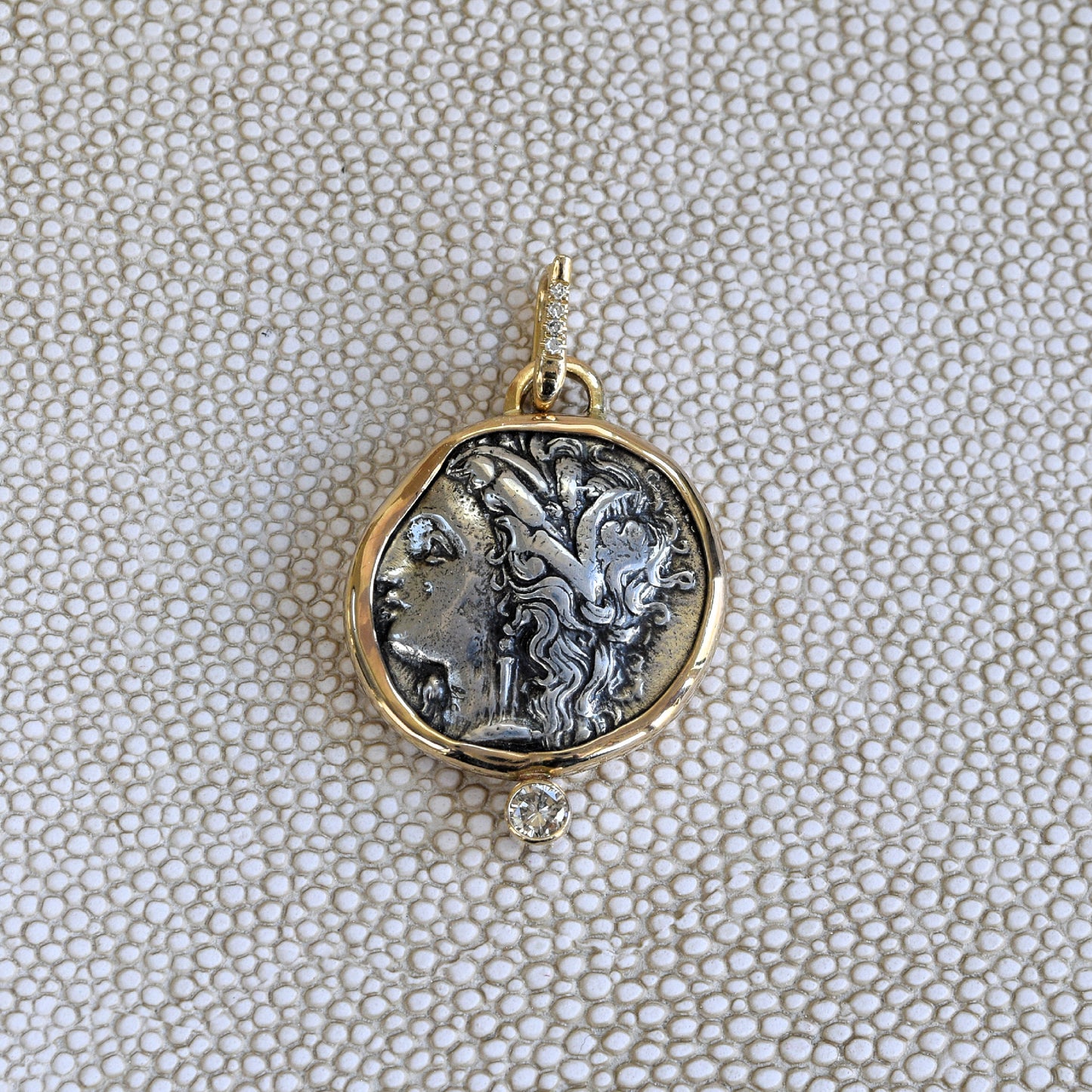 Greek Lucania Coin with Diamond in 14k Gold (330 - 280 BCE)