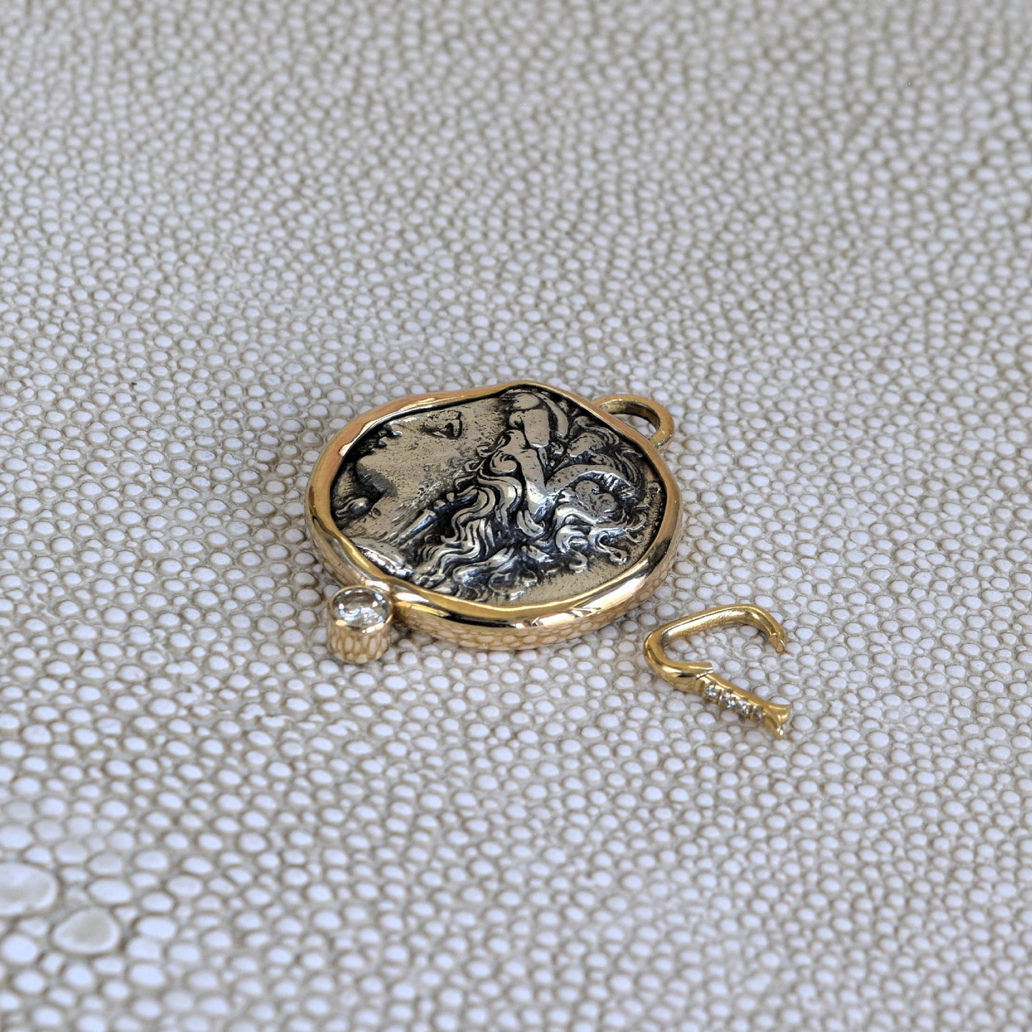 Greek Lucania Coin with Diamond in 14k Gold (330 - 280 BCE)