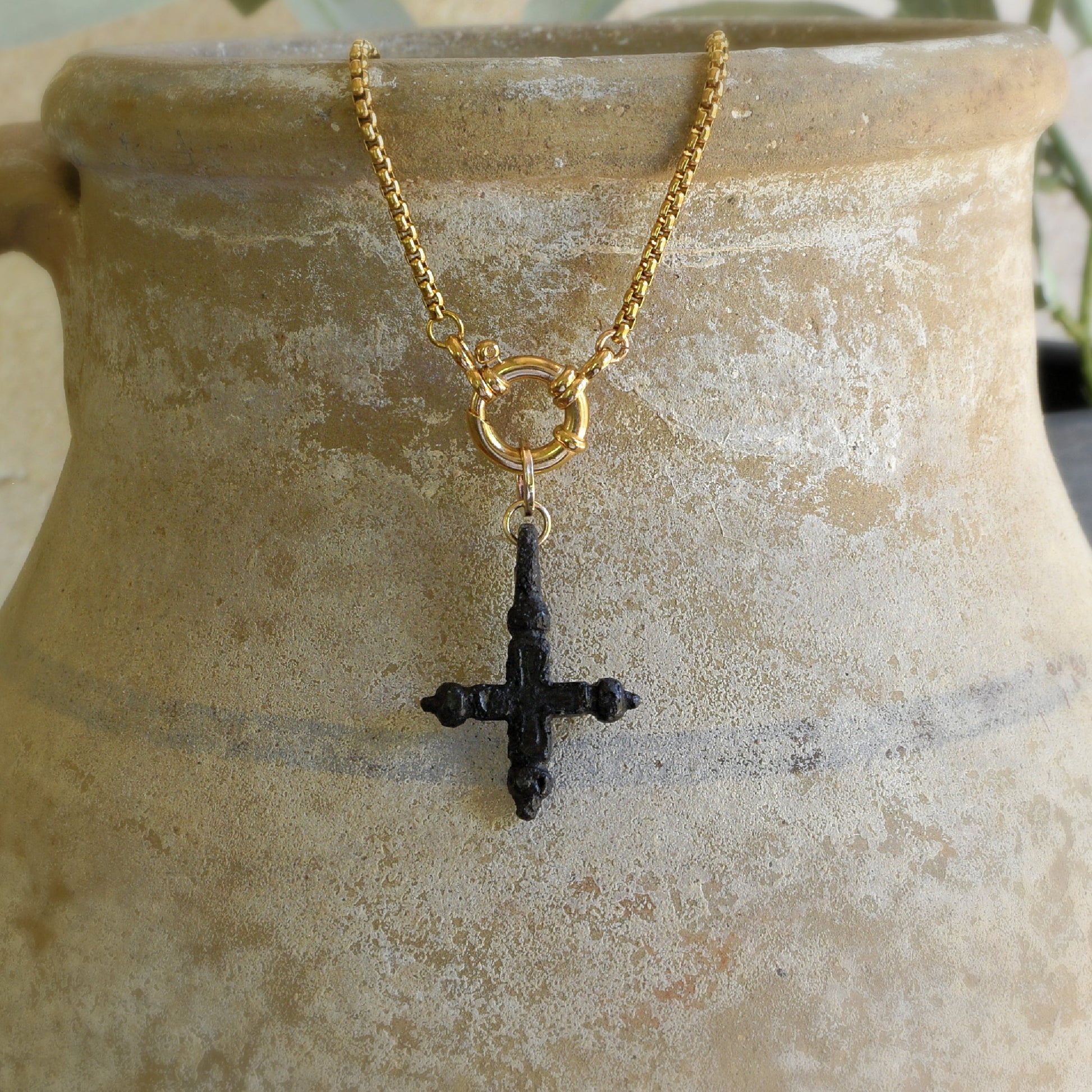 Byzantine Bronze Cross - Ancient Artifact with gold bail - 5th c AD