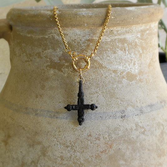 Byzantine Bronze Cross - Ancient Artifact with gold bail - 5th c AD