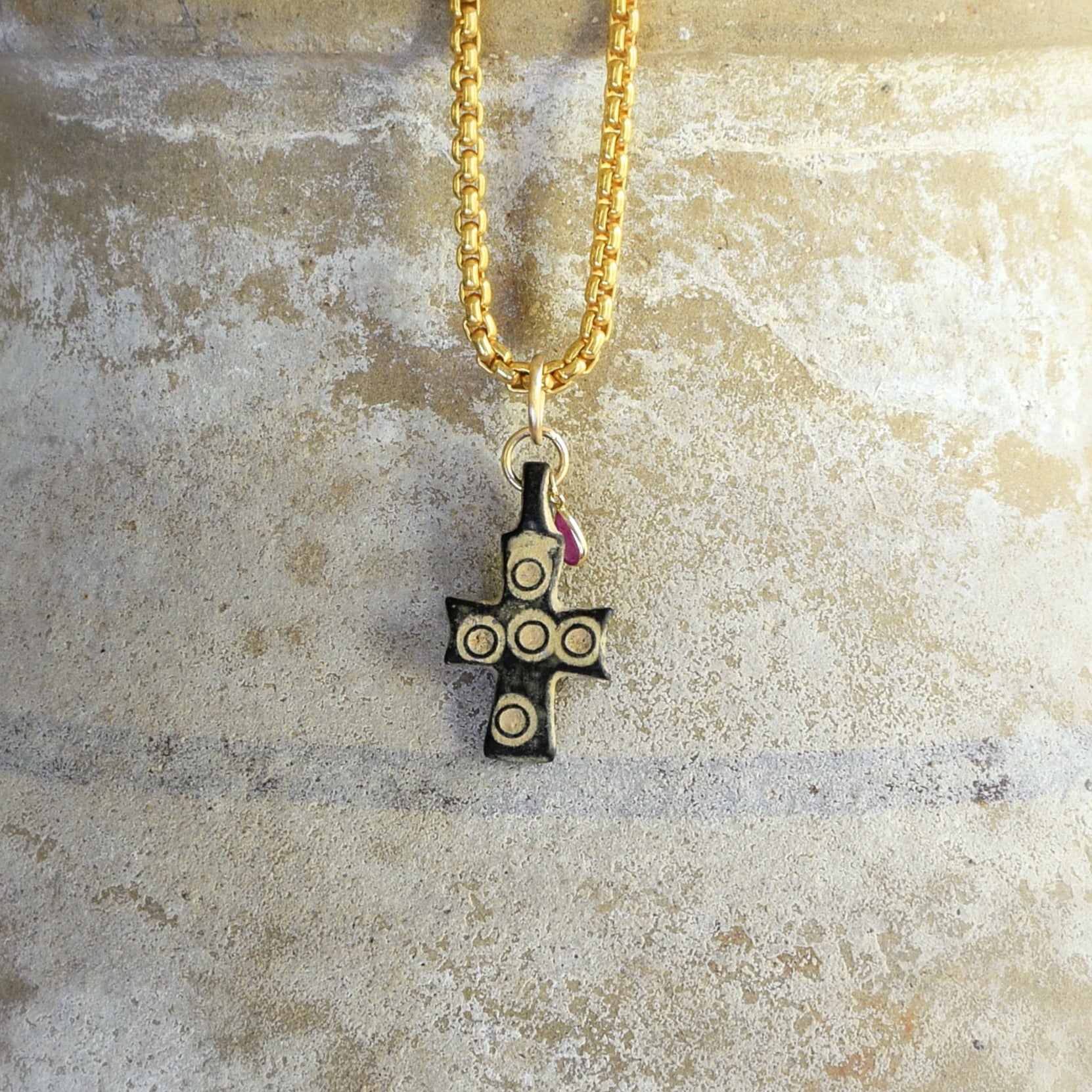 Ancient Roman Cross Pendant with Ruby charm and 4k gold